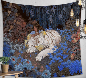 Girl and Tiger Nap Tapestry Forest Night Anime