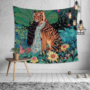 Girl Hugging Tiger in Forest Aesthetic Tapestry Wall Art Housewarming Gift